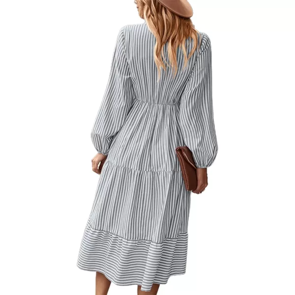 LYANER Women's V Neck Stripe High Waist Puff Long Sleeve Tiered Ruffle Hem Swing Midi Dress