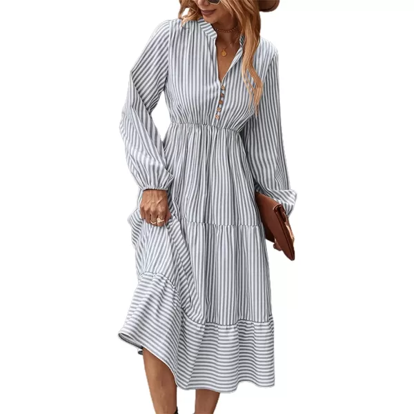 LYANER Women's V Neck Stripe High Waist Puff Long Sleeve Tiered Ruffle Hem Swing Midi Dress