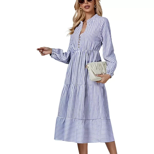 LYANER Women's V Neck Stripe High Waist Puff Long Sleeve Tiered Ruffle Hem Swing Midi Dress