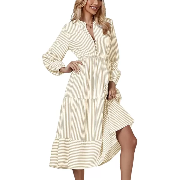 LYANER Women's V Neck Stripe High Waist Puff Long Sleeve Tiered Ruffle Hem Swing Midi Dress