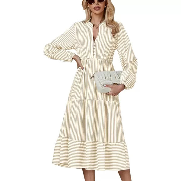 LYANER Women's V Neck Stripe High Waist Puff Long Sleeve Tiered Ruffle Hem Swing Midi Dress