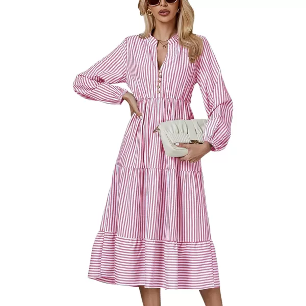 LYANER Women's V Neck Stripe High Waist Puff Long Sleeve Tiered Ruffle Hem Swing Midi Dress