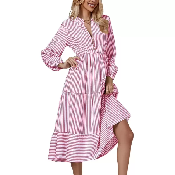 LYANER Women's V Neck Stripe High Waist Puff Long Sleeve Tiered Ruffle Hem Swing Midi Dress