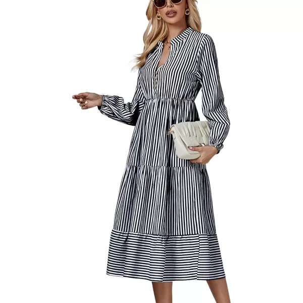 LYANER Women's V Neck Stripe High Waist Puff Long Sleeve Tiered Ruffle Hem Swing Midi Dress