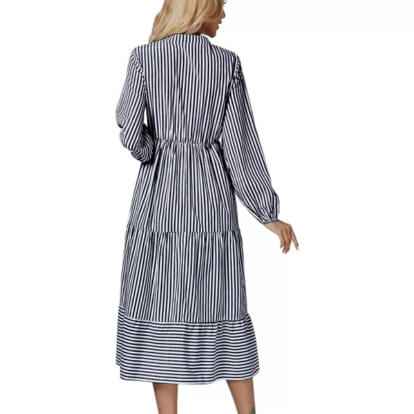LYANER Women's V Neck Stripe High Waist Puff Long Sleeve Tiered Ruffle Hem Swing Midi Dress