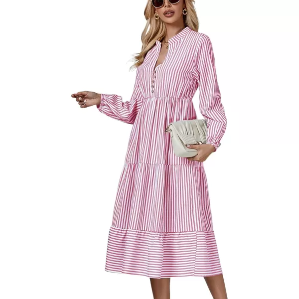 LYANER Women's V Neck Stripe High Waist Puff Long Sleeve Tiered Ruffle Hem Swing Midi Dress
