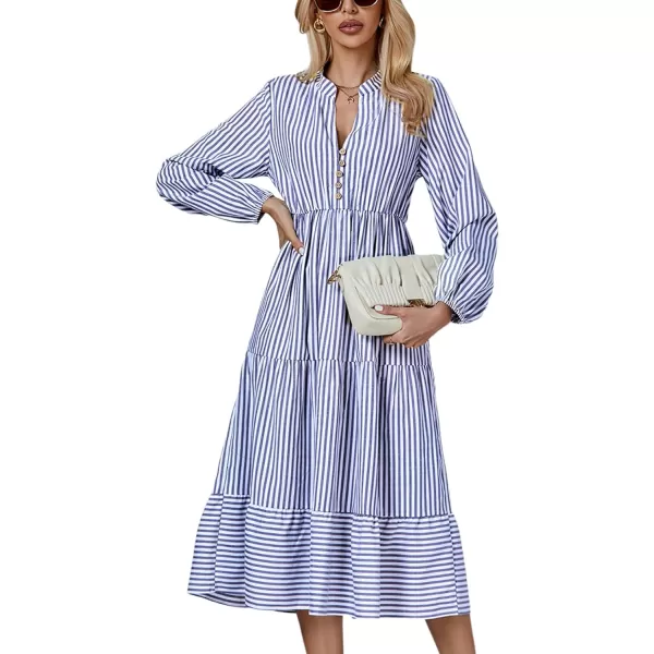 LYANER Women's V Neck Stripe High Waist Puff Long Sleeve Tiered Ruffle Hem Swing Midi Dress