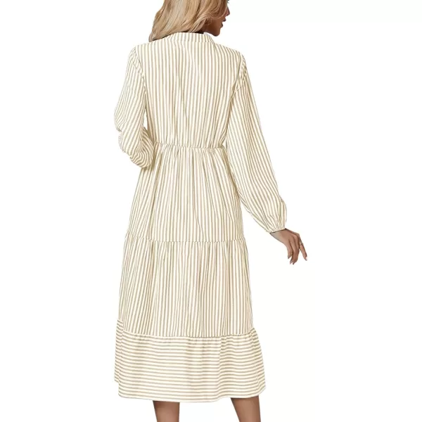 LYANER Women's V Neck Stripe High Waist Puff Long Sleeve Tiered Ruffle Hem Swing Midi Dress