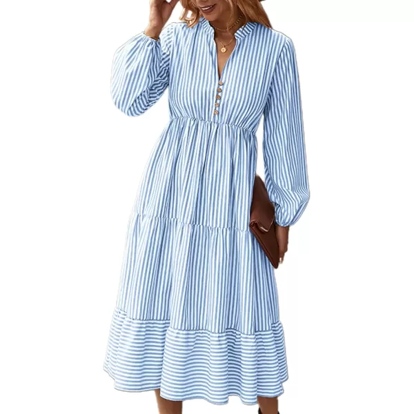 LYANER Women's V Neck Stripe High Waist Puff Long Sleeve Tiered Ruffle Hem Swing Midi Dress