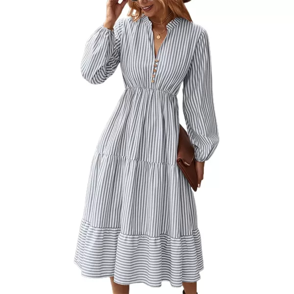 LYANER Women's V Neck Stripe High Waist Puff Long Sleeve Tiered Ruffle Hem Swing Midi Dress