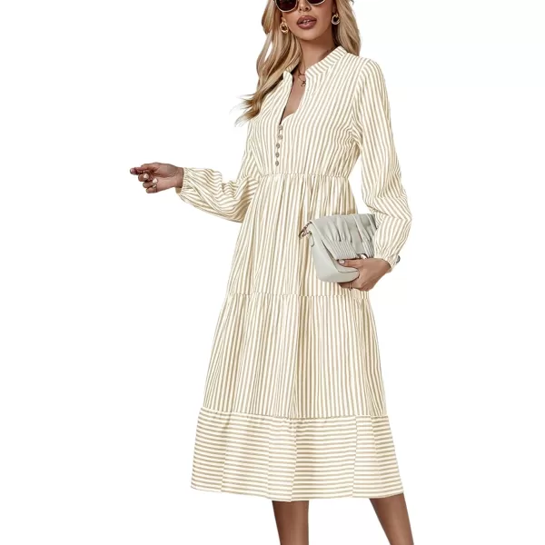 LYANER Women's V Neck Stripe High Waist Puff Long Sleeve Tiered Ruffle Hem Swing Midi Dress