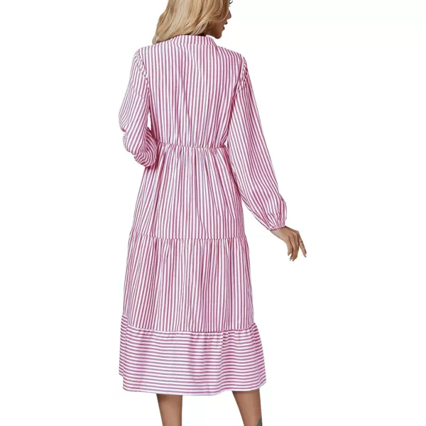 LYANER Women's V Neck Stripe High Waist Puff Long Sleeve Tiered Ruffle Hem Swing Midi Dress