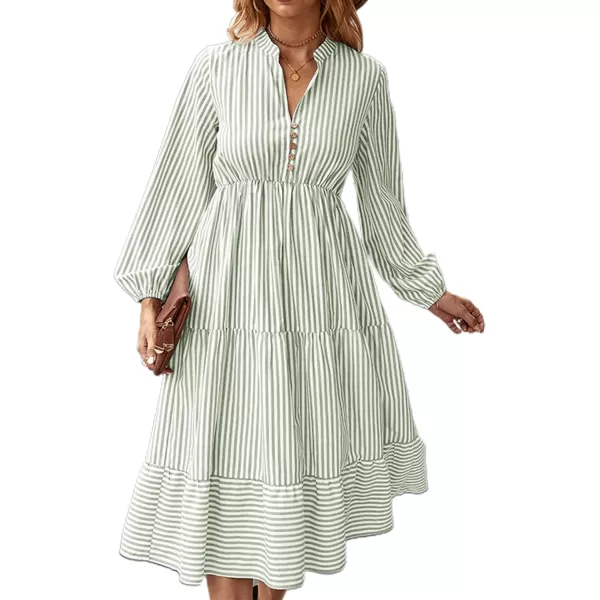 LYANER Women's V Neck Stripe High Waist Puff Long Sleeve Tiered Ruffle Hem Swing Midi Dress