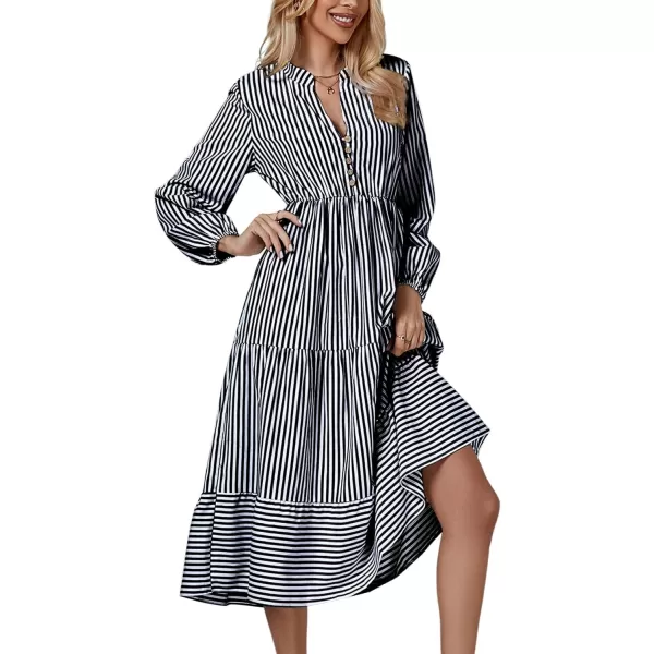 LYANER Women's V Neck Stripe High Waist Puff Long Sleeve Tiered Ruffle Hem Swing Midi Dress
