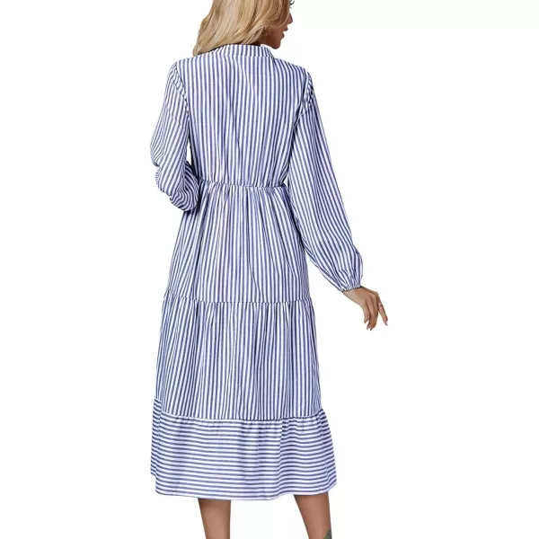 LYANER Women's V Neck Stripe High Waist Puff Long Sleeve Tiered Ruffle Hem Swing Midi Dress
