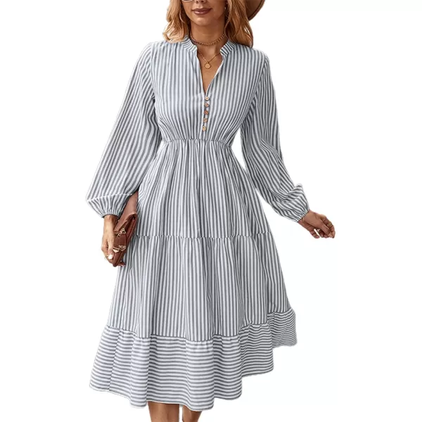 LYANER Women's V Neck Stripe High Waist Puff Long Sleeve Tiered Ruffle Hem Swing Midi Dress