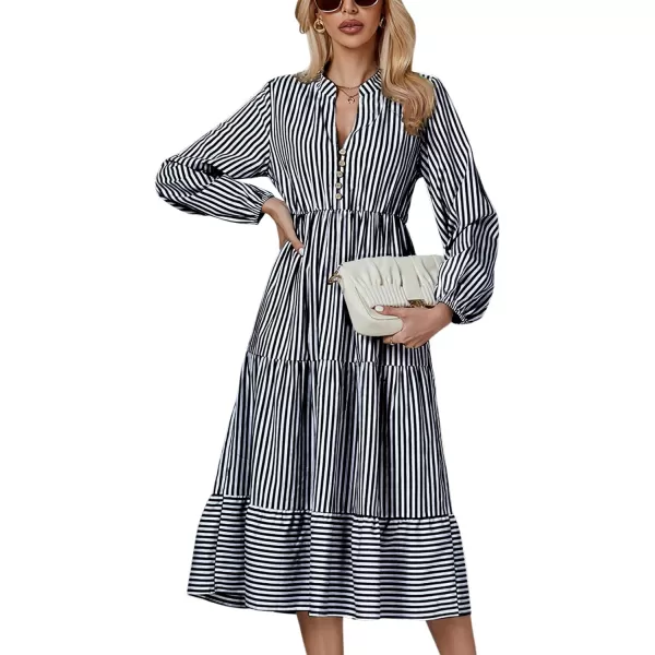 LYANER Women's V Neck Stripe High Waist Puff Long Sleeve Tiered Ruffle Hem Swing Midi Dress