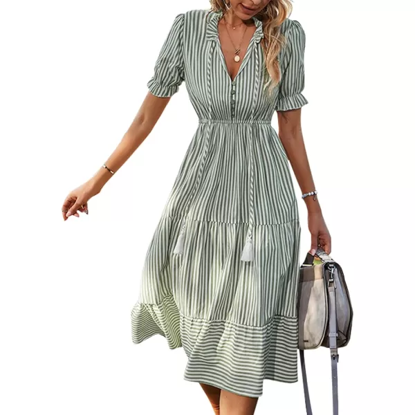 LYANER Women's V Neck Stripe High Waist Puff Short Sleeve Tiered Ruffle Hem Swing Midi Dress