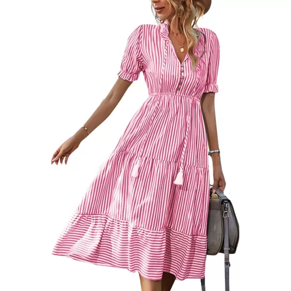 LYANER Women's V Neck Stripe High Waist Puff Short Sleeve Tiered Ruffle Hem Swing Midi Dress