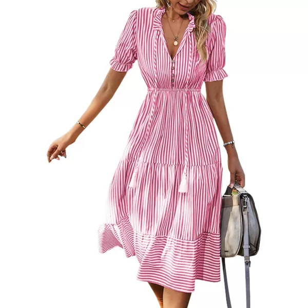 LYANER Women's V Neck Stripe High Waist Puff Short Sleeve Tiered Ruffle Hem Swing Midi Dress