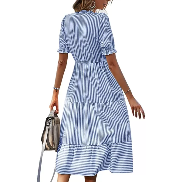 LYANER Women's V Neck Stripe High Waist Puff Short Sleeve Tiered Ruffle Hem Swing Midi Dress