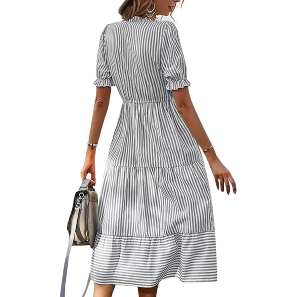 LYANER Women's V Neck Stripe High Waist Puff Short Sleeve Tiered Ruffle Hem Swing Midi Dress