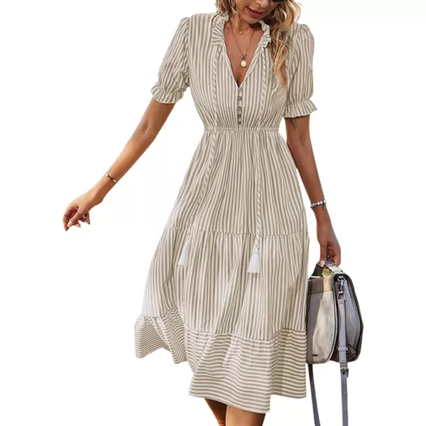 LYANER Women's V Neck Stripe High Waist Puff Short Sleeve Tiered Ruffle Hem Swing Midi Dress