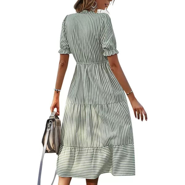 LYANER Women's V Neck Stripe High Waist Puff Short Sleeve Tiered Ruffle Hem Swing Midi Dress