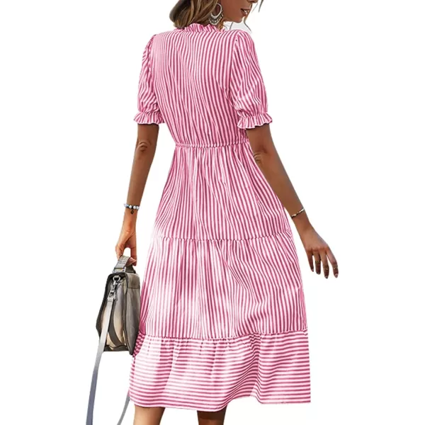 LYANER Women's V Neck Stripe High Waist Puff Short Sleeve Tiered Ruffle Hem Swing Midi Dress