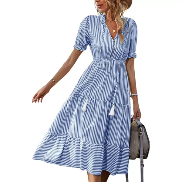 LYANER Women's V Neck Stripe High Waist Puff Short Sleeve Tiered Ruffle Hem Swing Midi Dress