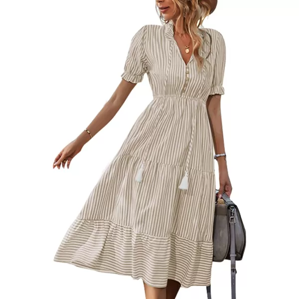LYANER Women's V Neck Stripe High Waist Puff Short Sleeve Tiered Ruffle Hem Swing Midi Dress