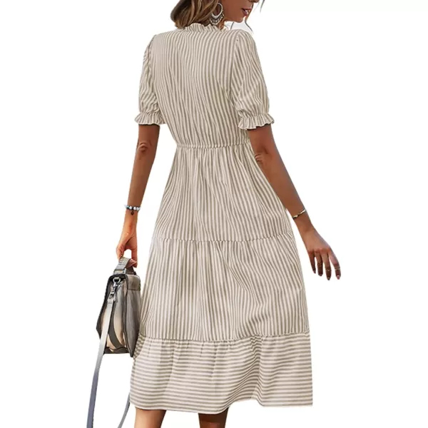LYANER Women's V Neck Stripe High Waist Puff Short Sleeve Tiered Ruffle Hem Swing Midi Dress