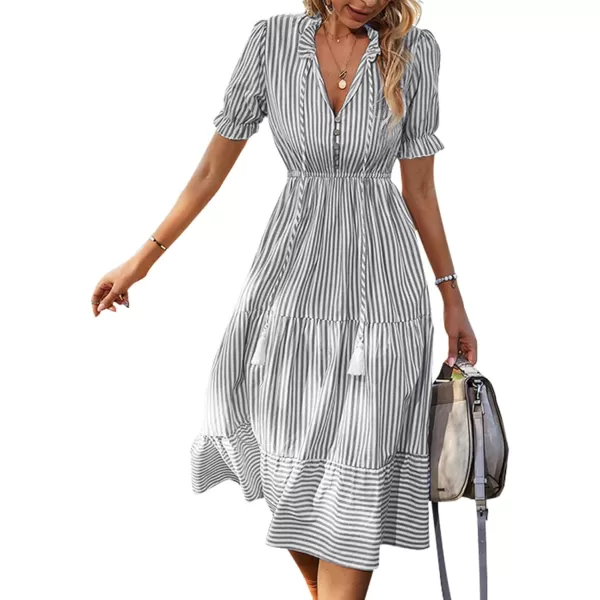 LYANER Women's V Neck Stripe High Waist Puff Short Sleeve Tiered Ruffle Hem Swing Midi Dress