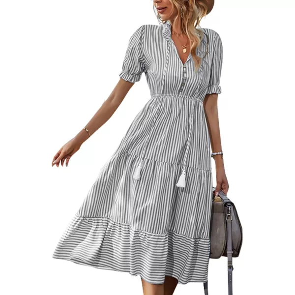 LYANER Women's V Neck Stripe High Waist Puff Short Sleeve Tiered Ruffle Hem Swing Midi Dress