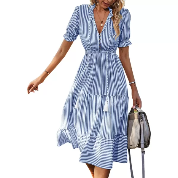 LYANER Women's V Neck Stripe High Waist Puff Short Sleeve Tiered Ruffle Hem Swing Midi Dress