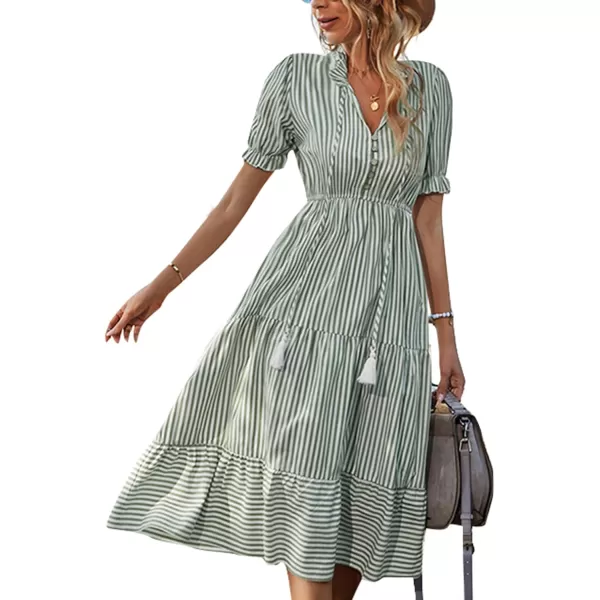 LYANER Women's V Neck Stripe High Waist Puff Short Sleeve Tiered Ruffle Hem Swing Midi Dress