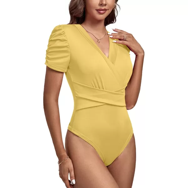 LYANER Women's V Neck Warp Waist Ruched Pleated Puff Short Sleeve Bodysuit Leotard Top