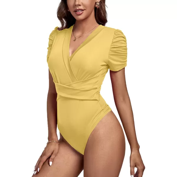LYANER Women's V Neck Warp Waist Ruched Pleated Puff Short Sleeve Bodysuit Leotard Top