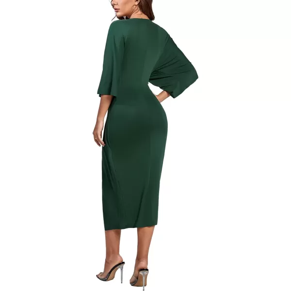 LYANER Women's V Neck Wrap Twist Front Half Sleeve Split Hem Cocktail Party Bodycon Midi Dress
