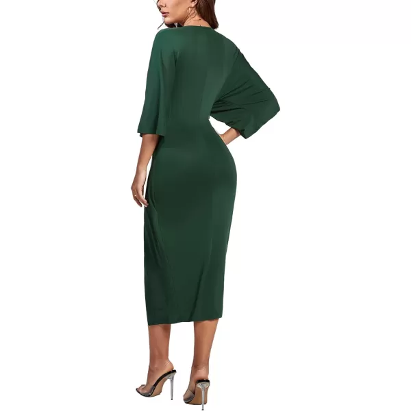 LYANER Women's V Neck Wrap Twist Front Half Sleeve Split Hem Cocktail Party Bodycon Midi Dress