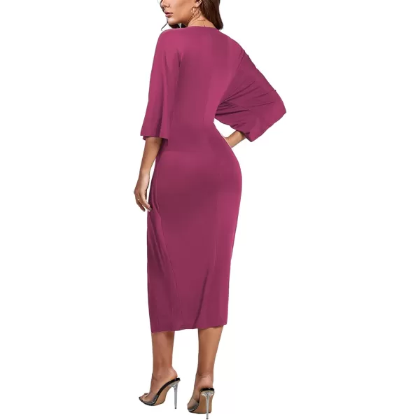 LYANER Women's V Neck Wrap Twist Front Half Sleeve Split Hem Cocktail Party Bodycon Midi Dress