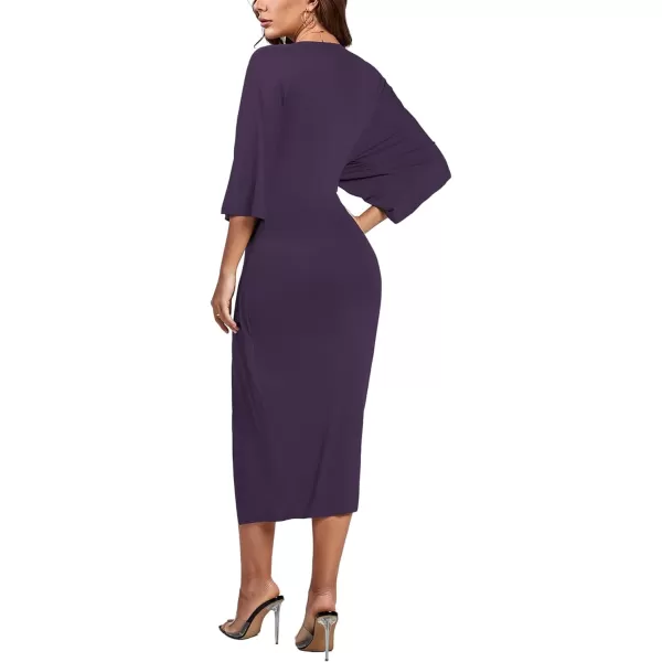 LYANER Women's V Neck Wrap Twist Front Half Sleeve Split Hem Cocktail Party Bodycon Midi Dress