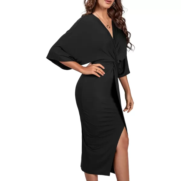 LYANER Women's V Neck Wrap Twist Front Half Sleeve Split Hem Cocktail Party Bodycon Midi Dress