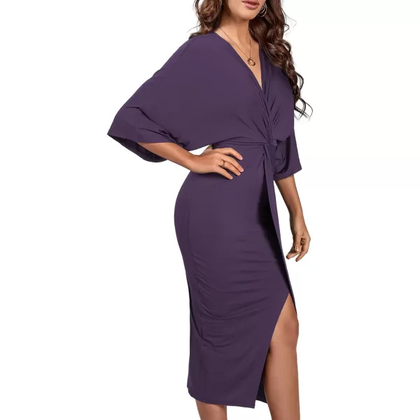 LYANER Women's V Neck Wrap Twist Front Half Sleeve Split Hem Cocktail Party Bodycon Midi Dress