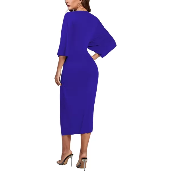 LYANER Women's V Neck Wrap Twist Front Half Sleeve Split Hem Cocktail Party Bodycon Midi Dress