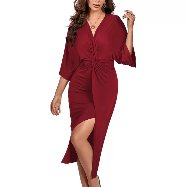 LYANER Women's V Neck Wrap Twist Front Half Sleeve Split Hem Cocktail Party Bodycon Midi Dress