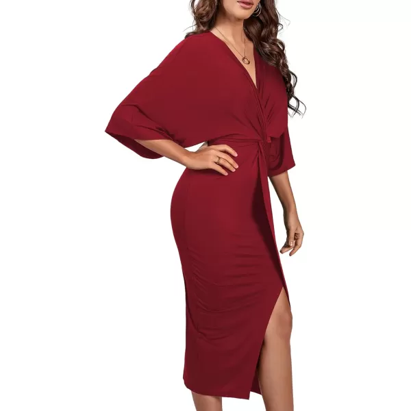 LYANER Women's V Neck Wrap Twist Front Half Sleeve Split Hem Cocktail Party Bodycon Midi Dress
