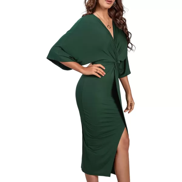 LYANER Women's V Neck Wrap Twist Front Half Sleeve Split Hem Cocktail Party Bodycon Midi Dress