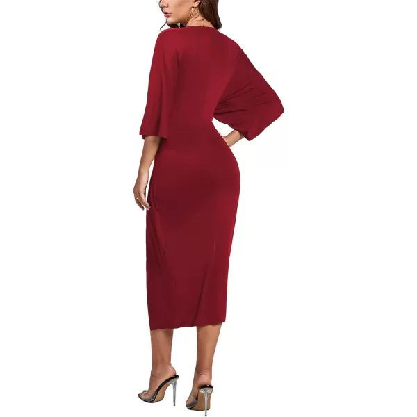 LYANER Women's V Neck Wrap Twist Front Half Sleeve Split Hem Cocktail Party Bodycon Midi Dress