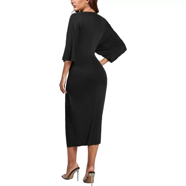 LYANER Women's V Neck Wrap Twist Front Half Sleeve Split Hem Cocktail Party Bodycon Midi Dress